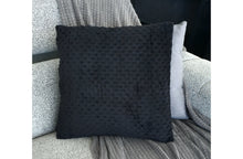 Load image into Gallery viewer, Black velvet designer cushion with raised bubble texture, perfect for adding soft luxury to sofas and beds

