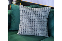 Load image into Gallery viewer, Multicolour woven texture cushion with blue, green, white and grey pattern, perfect for adding soft detail to sofas or beds
